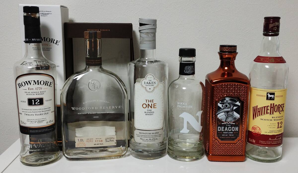 空き瓶★6本セット★BOWMORE WOODFORD RESERVE LAKES NIKKA FRONTIA DEACON WHITE HORSE拍卖