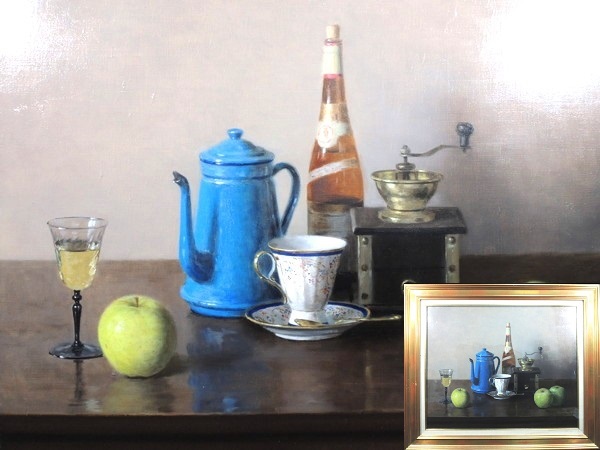 真作/山口和男/「器物と林檎」/油彩/15号/額装品/直筆サイン入り/裏書あり/リアリズム/写実絵画/静物画/作家物/美術品/伝統的写実画法拍卖