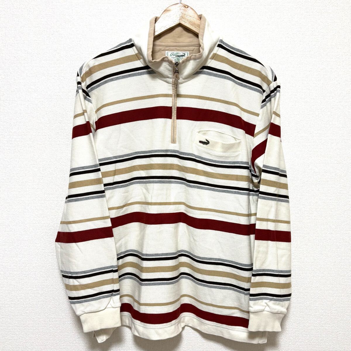 【crocodile】クロコダイル ハーフジップ カットソー ストライプ ボーダー 長袖 スタンドカラー 綿100% 春 秋 冬 クリーム L / Y26999zz拍卖