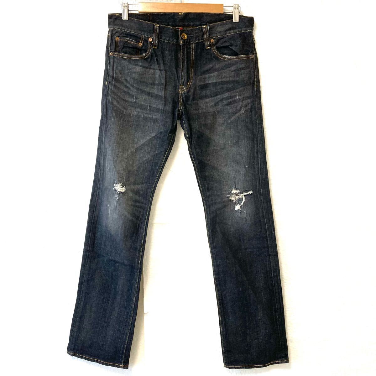 状態良好◎【UNIQLO】ユニクロ レギュラー フィット ストレート ジーンズ デニムパンツ S001 牛革 ジーパン インディゴ W33/Y27682UU拍卖