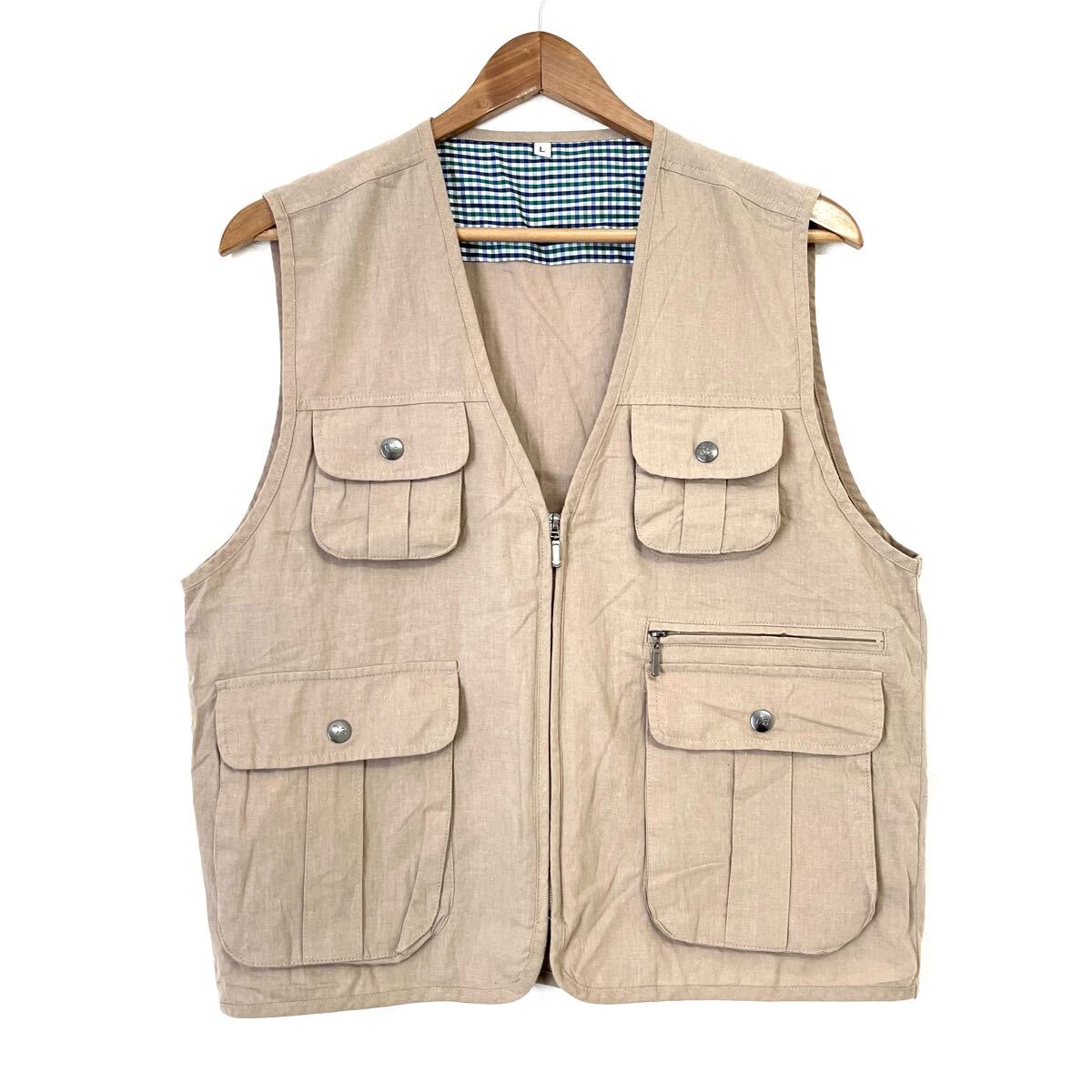 状態良好◎【ダンディクラブ】麻混 ジップ ベスト 重ね着 ポケット フィッシング アウトドア カジュアル 薄手 軽量 ベージュ L/Y27957mm拍卖