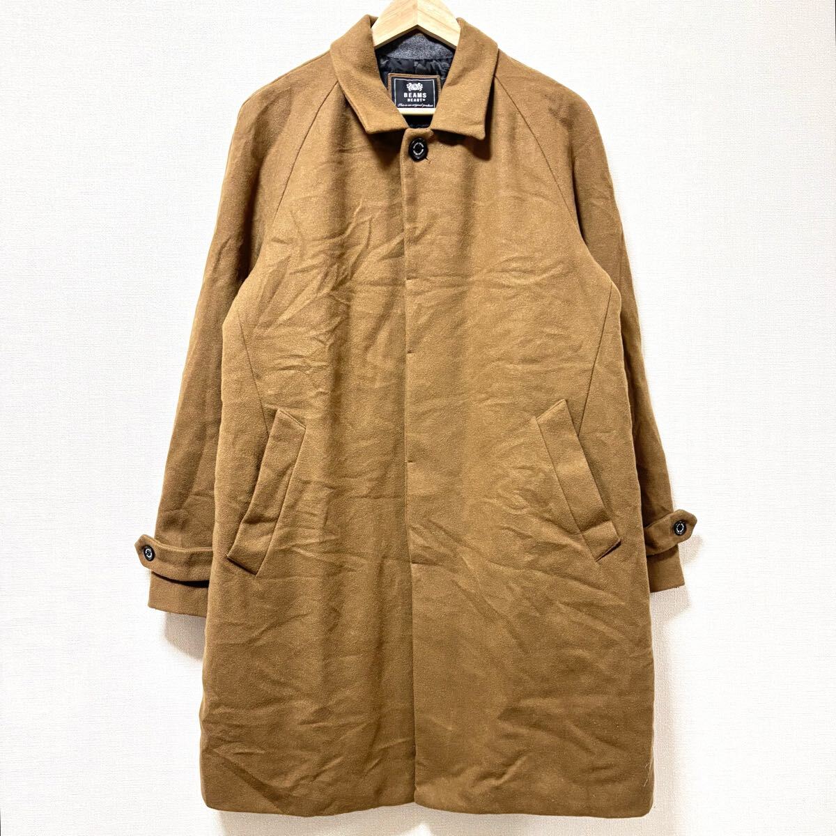 オンオフ問わず着られる万能アウター!【BEAMS HEART】ビームス ハート ウール コート 茶 中綿 通勤 通学 ステンカラー サイズL/Y28092SS拍卖