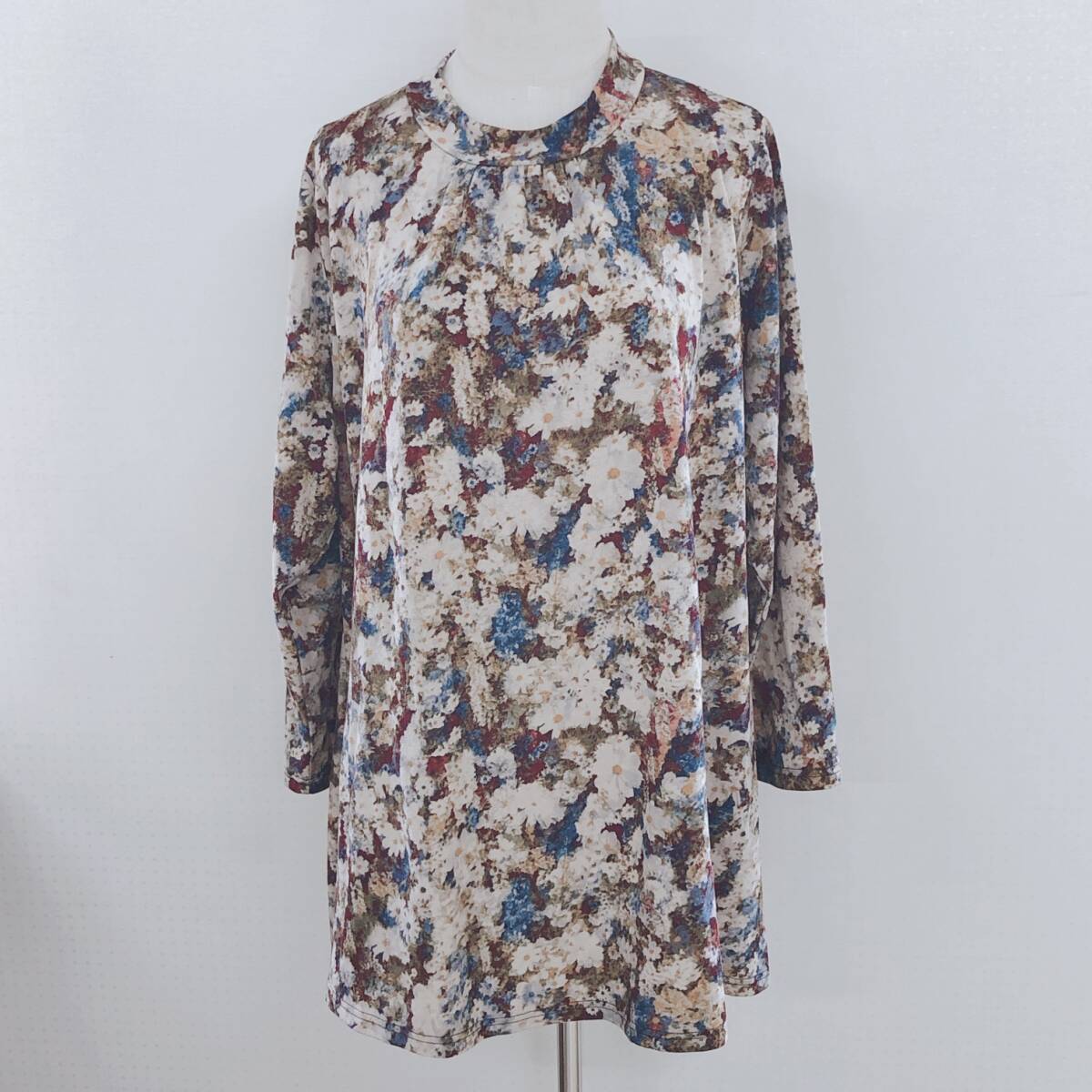 Y1717 美品 A.I Fashion レディース トップス チュニック 長袖 ギャザー 韓国製 厚手 花柄 大人カジュアル おしゃれ 華やか 春秋 拍卖