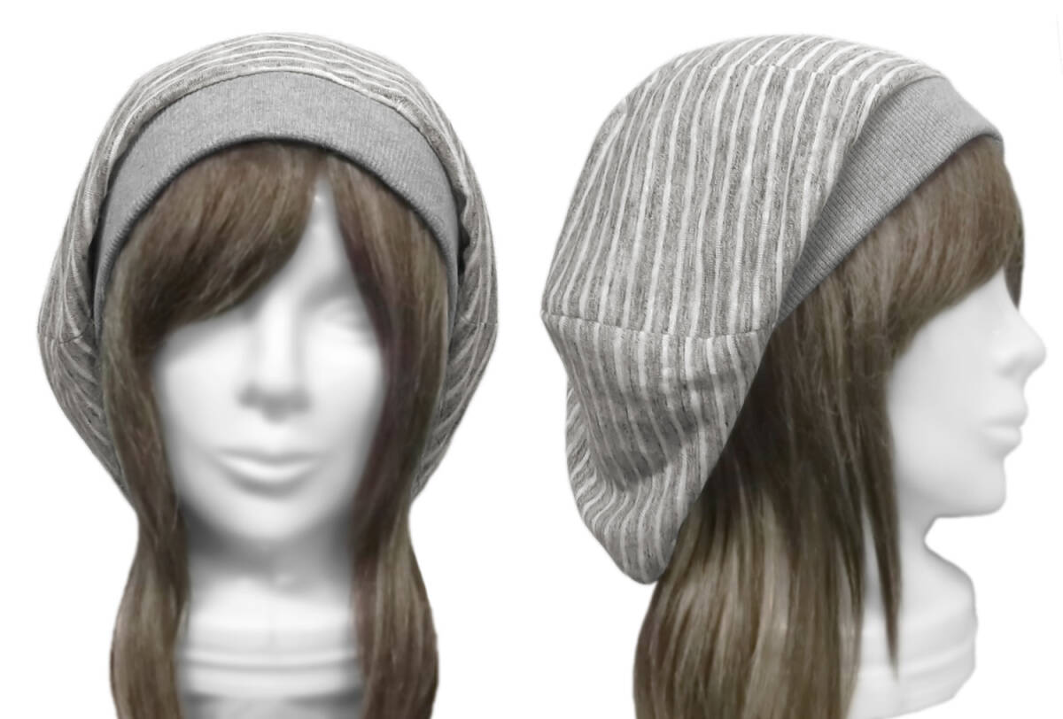 ◇送料無料◇ ハンドメイド◆ゆったりルーズ・リブ付ベレー帽◆ボーダー柄リネンニット/杢グレー×オフ白 ◇小顔効果・オールシーズン■拍卖