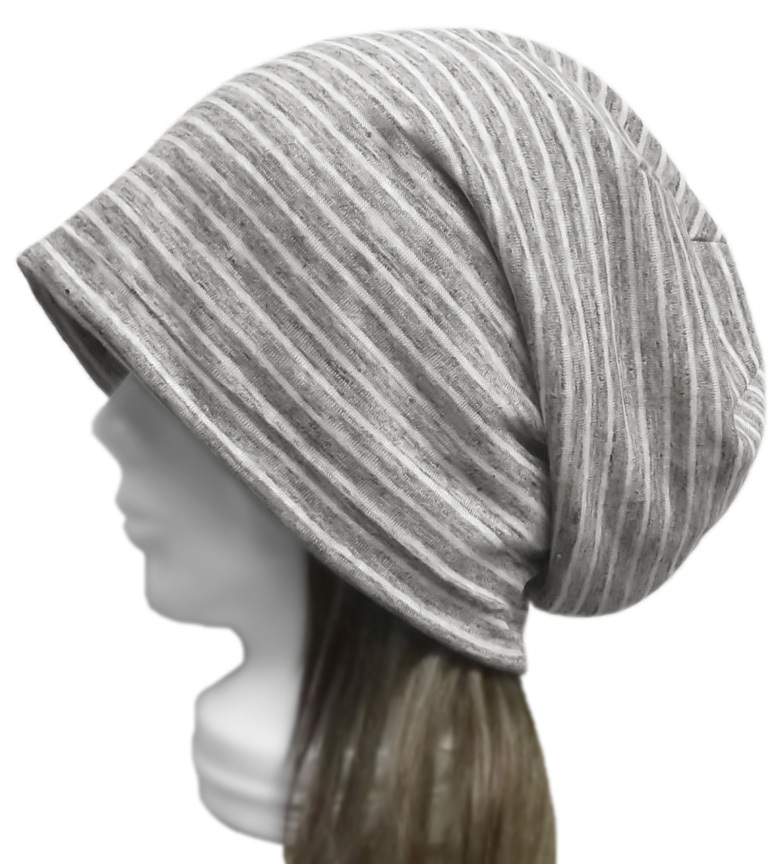 ◇送料無料◇ ハンドメイド◆ルーズワッチキャップ◆ボーダー柄リネンニット/杢グレー系 ◇ゆったりサイズ・小顔効果・オールシーズン◇拍卖