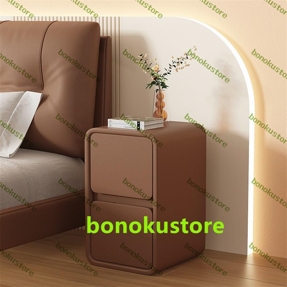 シンプルでモダンなベッドサイドテーブル 大容量の引き出し2つ無垢材レザーナイトスタンド 超狭い小型 ミニ収納キャビネット付き30*40*50CM拍卖