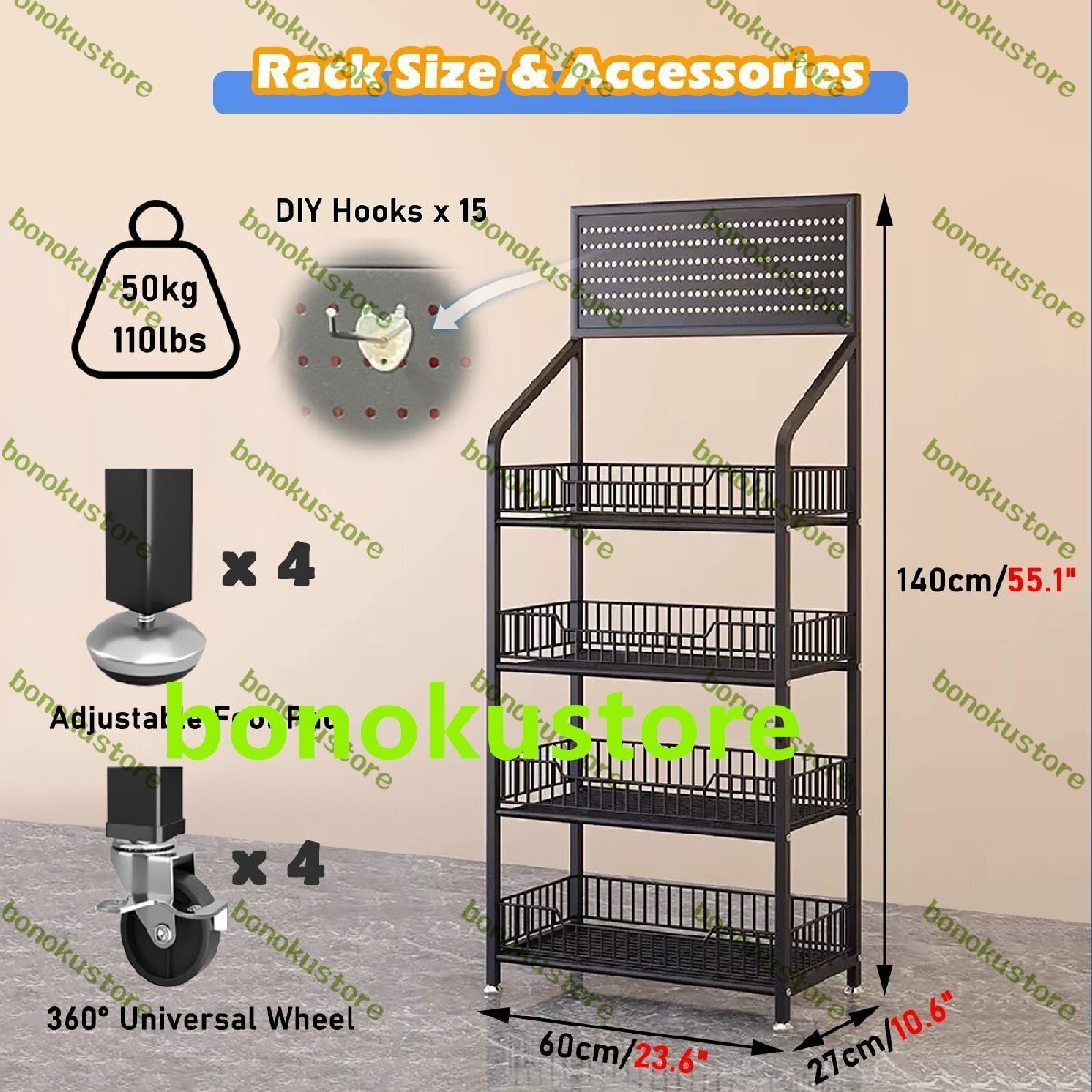 スナック収納ラック ガードレール付きフロアスタンディングスーパーマーケットスナックシェルフ4段キッチンスパイスカートチップホルダー拍卖