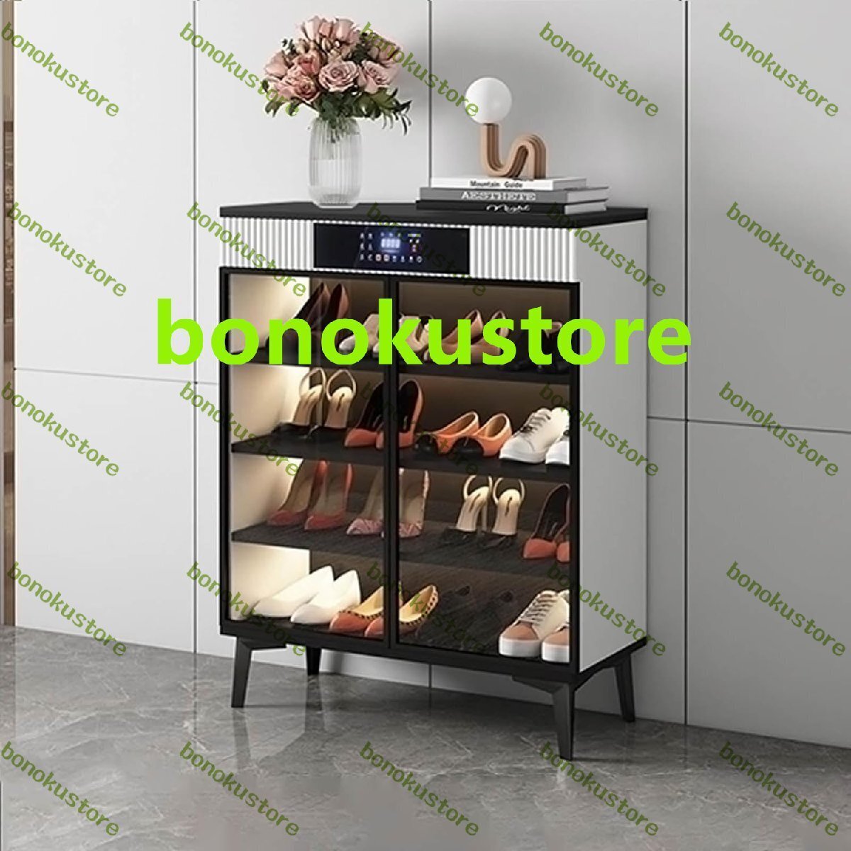 40℃定温乾燥システム付き スマート消毒下駄箱・強化ガラス扉付き靴収納戸棚・靴ラック 112*80*35 cm拍卖