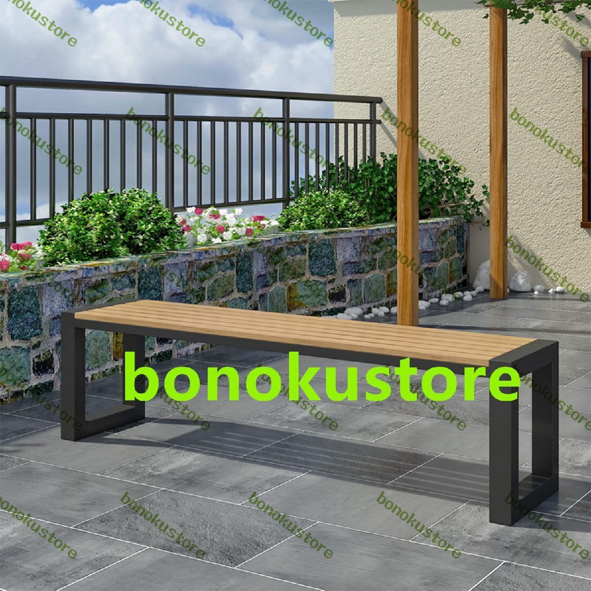 ガーデンベンチ 屋外ベンチ 庭のベンチ プラスチック製の木製のテーブルトップ 金属フレーム 長さ130cm*幅30cm*高さ40cm チーク色拍卖