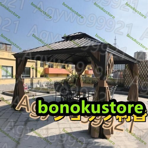 ガーデンガゼボ、ハードトップガゼボ亜鉛メッキ鋼屋外ガゼボキャノピーダブルベントルーフパーゴラアルミニウムフレーム3*3m拍卖