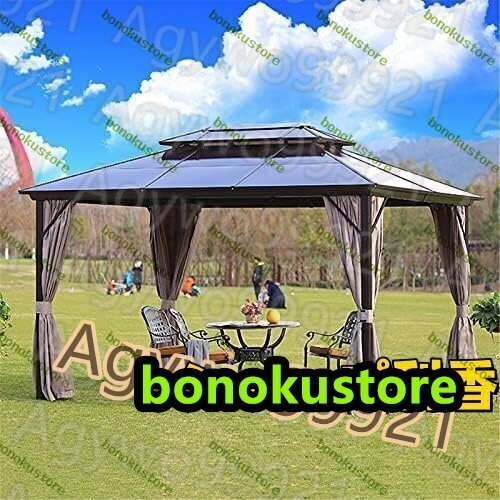 パーゴラ、屋外ダブルルーフハードトップガゼボ、裏庭、庭用のメッシュカーテン側壁付きアルミニウム家具パーゴラガーデンシェルター3*4m拍卖