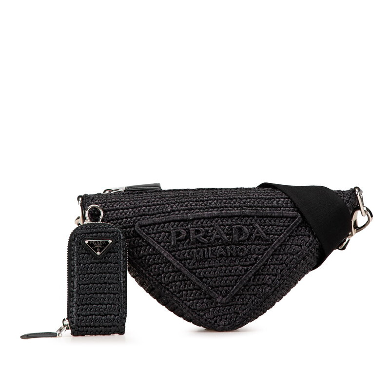 プラダ トライアングル クロシェ 斜め掛け ショルダーバッグ ブラック ラフィア レディース PRADA 【中古】拍卖