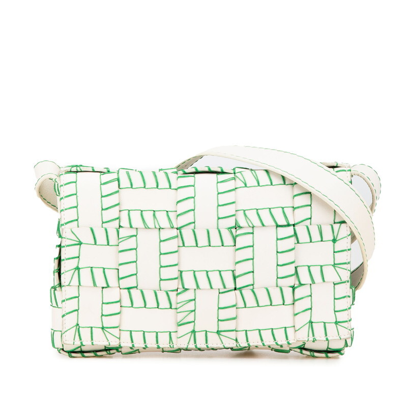 ボッテガヴェネタ マキシイントレチャート カセット 斜め掛け ショルダーバッグ ホワイト グリーン レザー BOTTEGAVENETA 【中古】拍卖