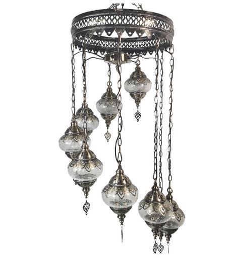 超美品~ 手作りトルコランプ クラックガラス 9灯 ペンダントライト インテリア 直結タイプ 天井照明 南トルコ細工 拍卖