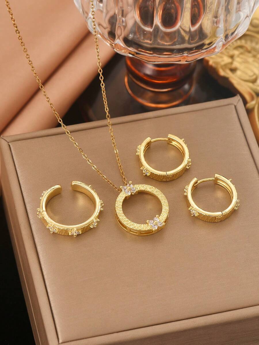 ジュエリー レディース セット ステンレス製ジュエリー セット(ネックレス、ピアス、リング)、ゴールドカラー、キュービックジルコニ拍卖