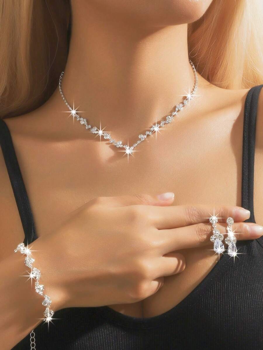 ジュエリー レディース セット 4点セット デリケートな爪チェーンネックレス、ジルコニアピアス、ブレスレット、フォーマルドレス用ア拍卖