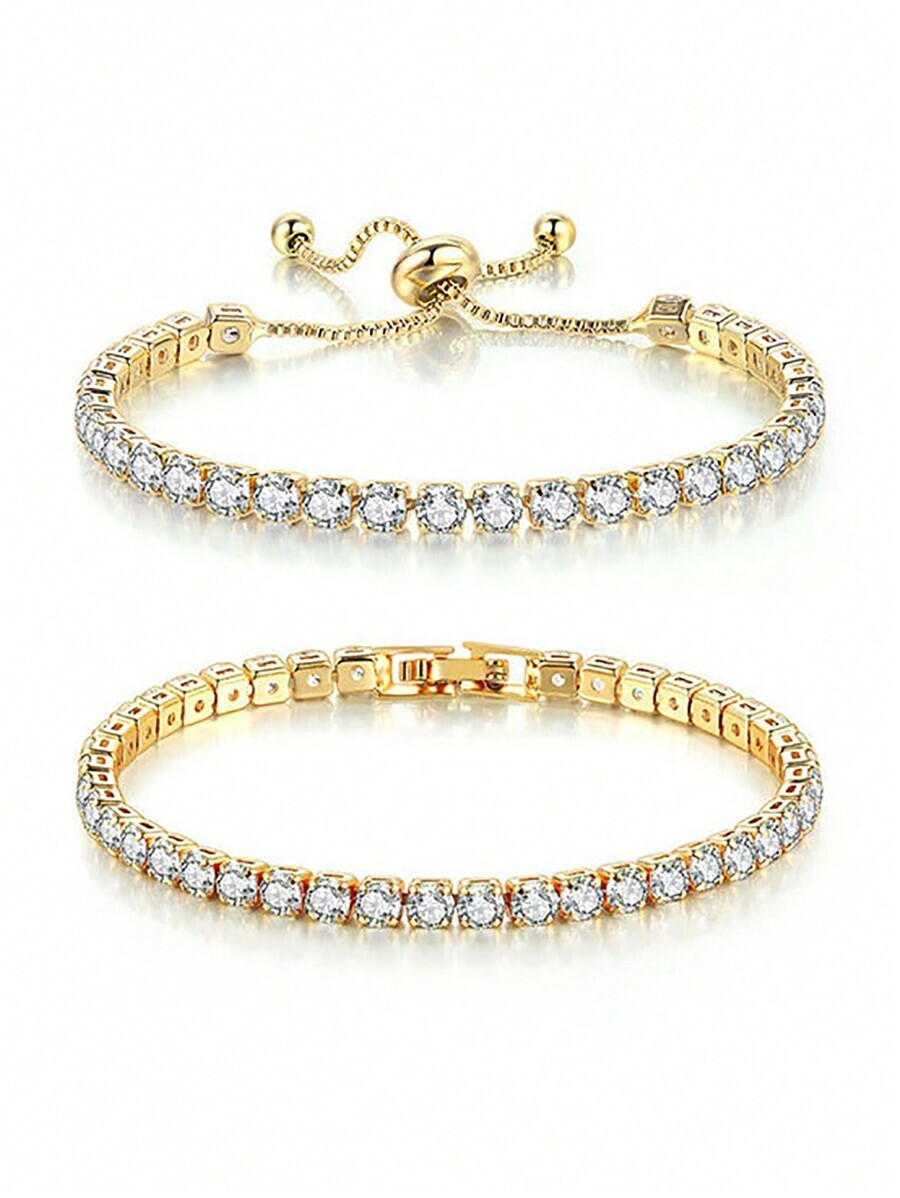 ジュエリー レディース ブレスレット セット 2個 ラウンド ジルコニア 調整可能 テニス 女性用 女の子 デイリーウェア ブレス拍卖