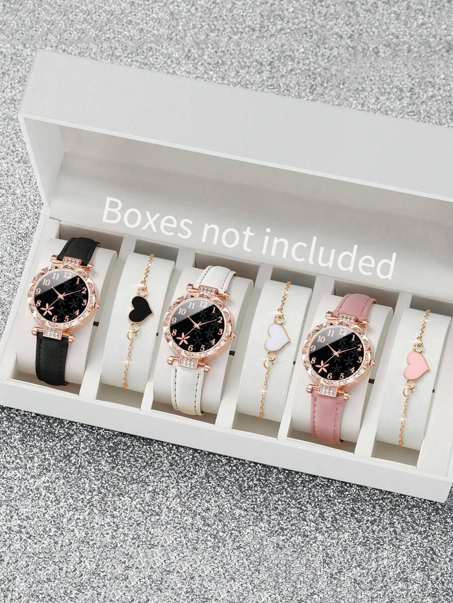 腕時計 レディース セット 6個セット ファッション カジュアル クリスタル フローラルダイヤル クォーツ 腕時計&ハート型ブレス拍卖