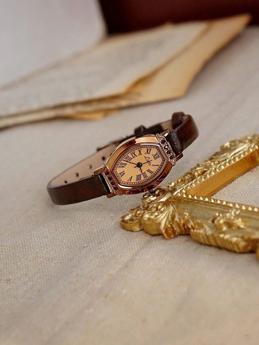 腕時計 レディース クォーツ 1個 ヴィンテージ調カジュアル&エレガントなレディース腕時計、コーヒーカラーレザーバンド、バレル型ダ拍卖