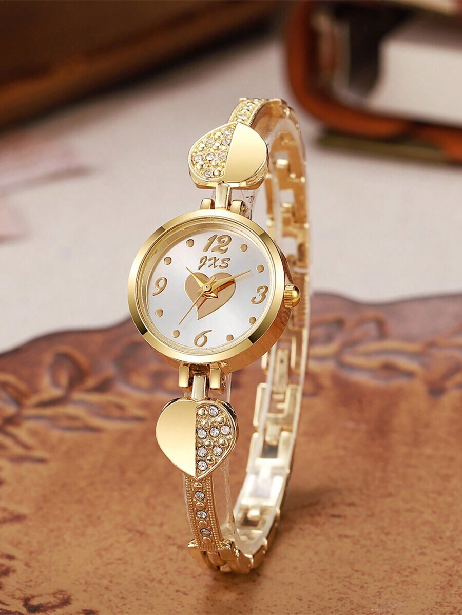腕時計 レディース クォーツ 1個 女性のファッショナブルなミニマルデザイン ハート型ダイヤル クリスタル付きスチールバンド クォ拍卖