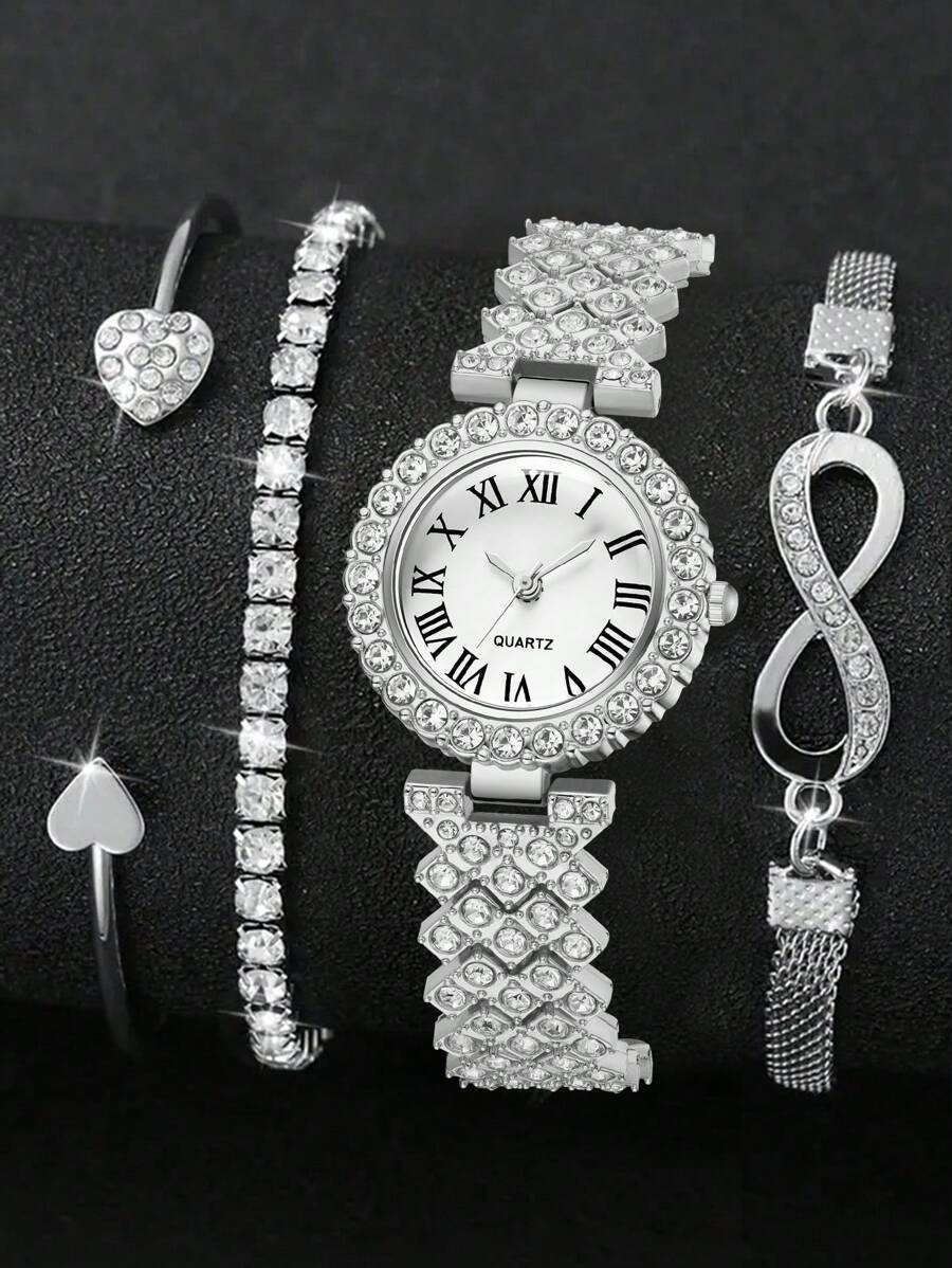 腕時計 レディース セット 4個セット シルバーアロイバンド レディース腕時計セット、ラグジュアリーなラインストーンローマ数字文字拍卖
