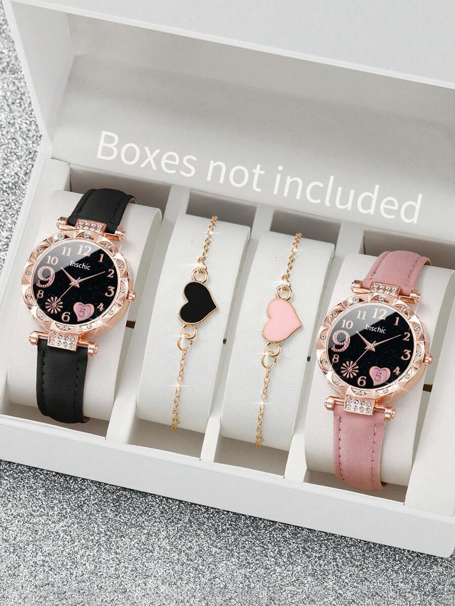 腕時計 レディース セット 4個セット レディース 優雅なハート型文字盤クォーツ腕時計 & ハートブレスレットセット、時計ボックス拍卖