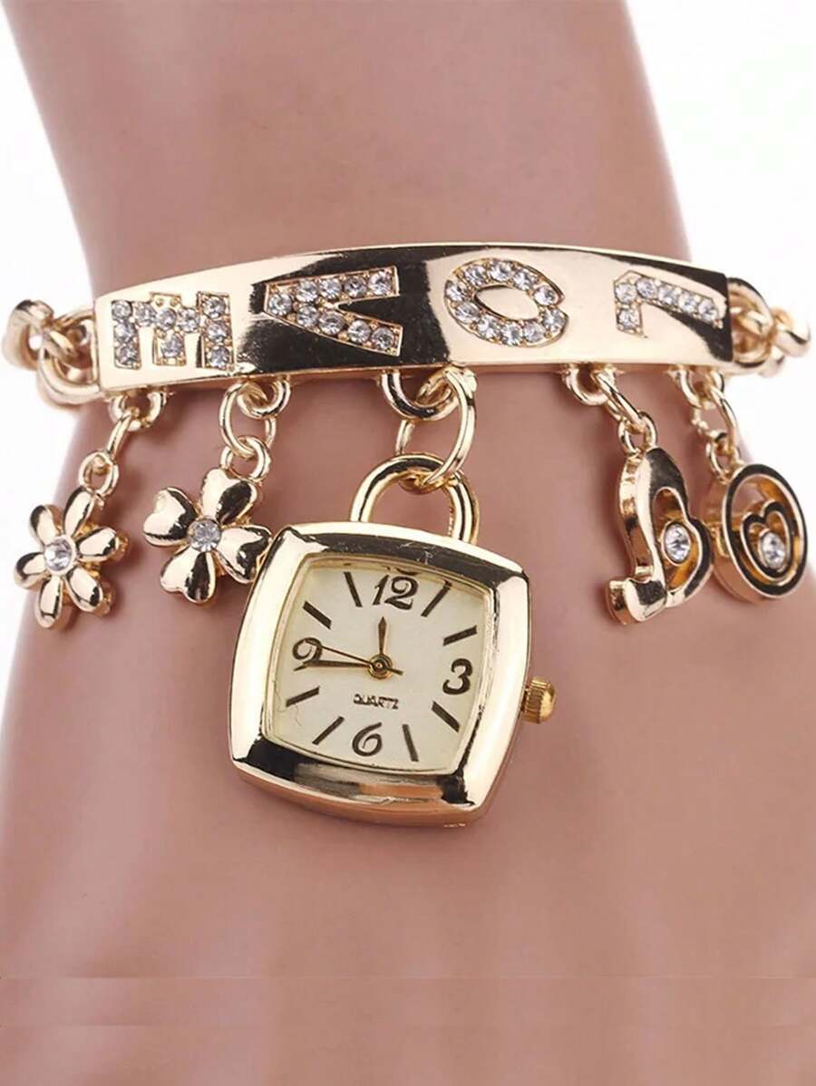 腕時計 レディース クォーツ 1個 ファッション合金クリスタルペンダントチャームブレスレット腕時計クォーツウォッチ レディース 愛拍卖