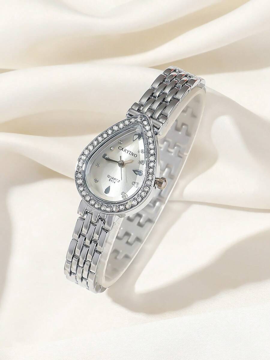 腕時計 レディース クォーツ 1個 レディース ステンレス鋼バンド 腕時計 ゴールド&シルバーデュアルトーン、水滴型ダイアル、埋拍卖