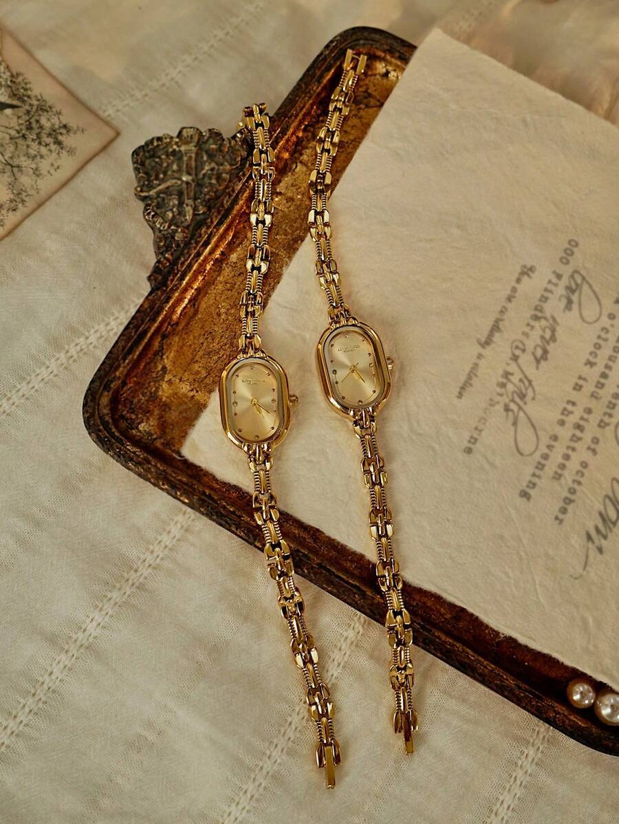 腕時計 レディース クォーツ 1個 新作 ゴールドブレスレット クォーツ腕時計、ヴィンテージ高級メタルチェーン インレイデザイン、拍卖