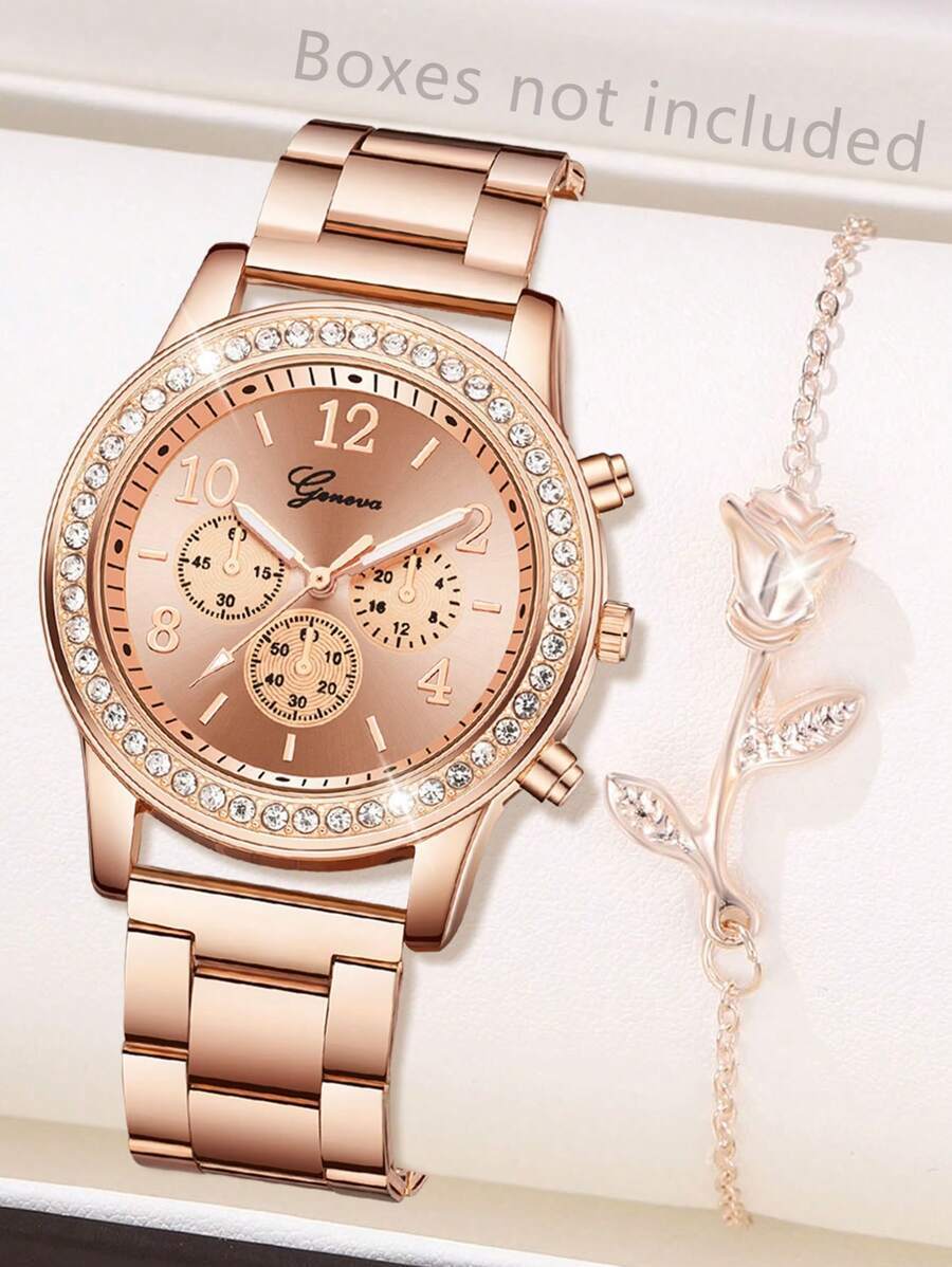 腕時計 レディース セット 2個 ファッション シンプル レディース 鋼製ベルト クォーツ 腕時計 フラワーブレスレットセット、デ拍卖