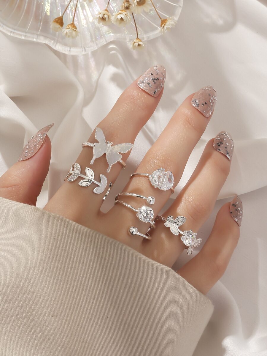 リング レディース セット 5個セット プラチナメッキ ジルコニアクリスタル フラワー & 数字 2025 デザイン リング、フラ拍卖