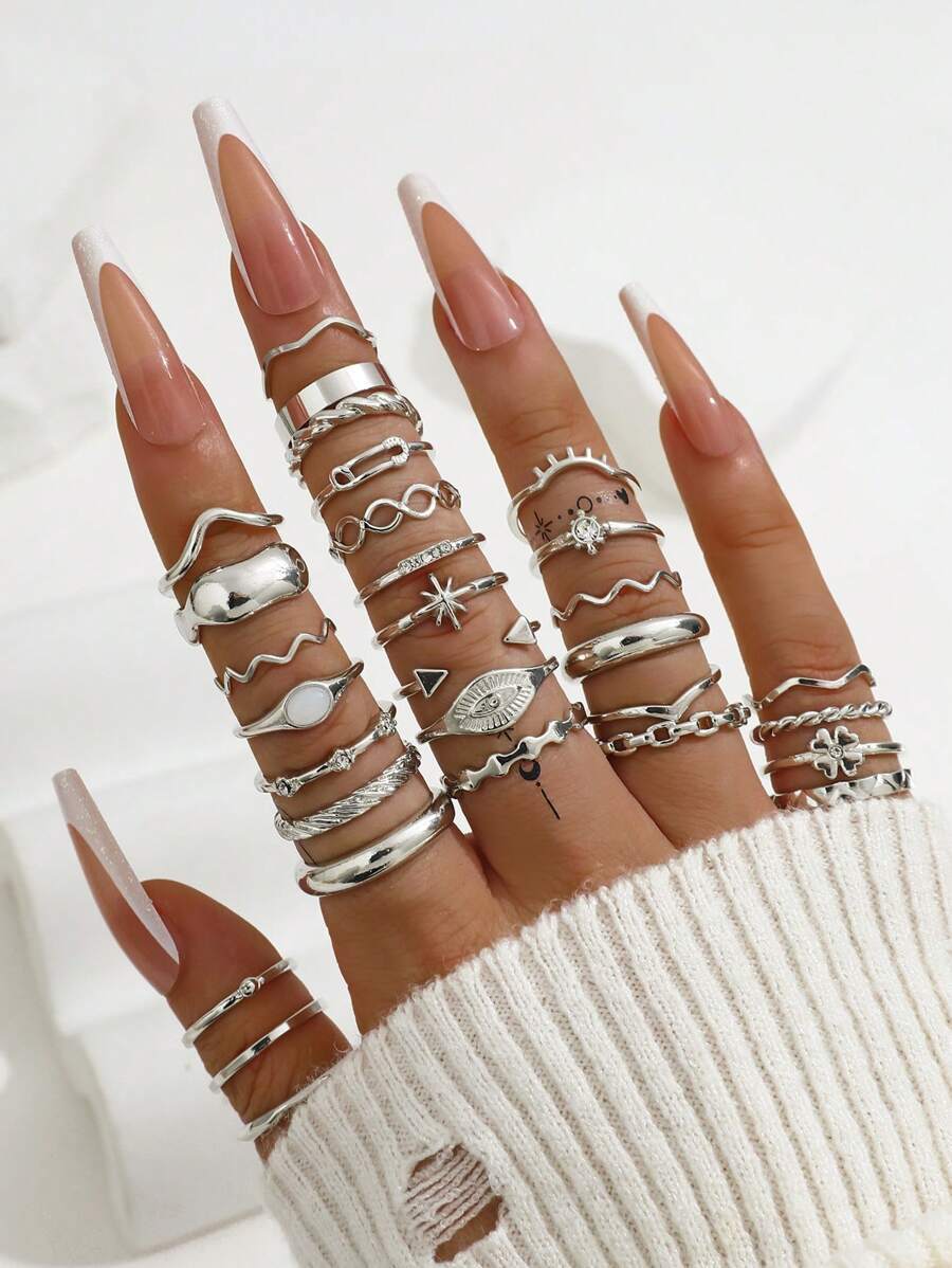 リング レディース セット ファッションリング30個セット、シンプルクリスタル ヒトデ、クローバー、デビルズアイ、ボヘミアン幾何学拍卖