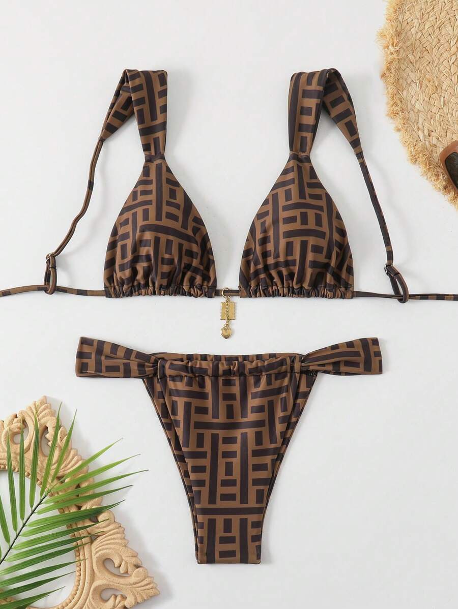 レディース 水着 ビキニセット ランダムプリント メタルペンダント ストラップ付き セクシービキニ 水着 レディース、夏用拍卖