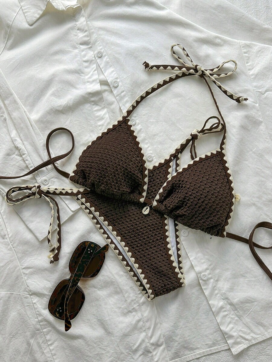 レディース 水着 ビキニセット レディース 無地 ジャガード生地 フリル ストラップ リボン ビキニセット 2ピース水着、夏用拍卖