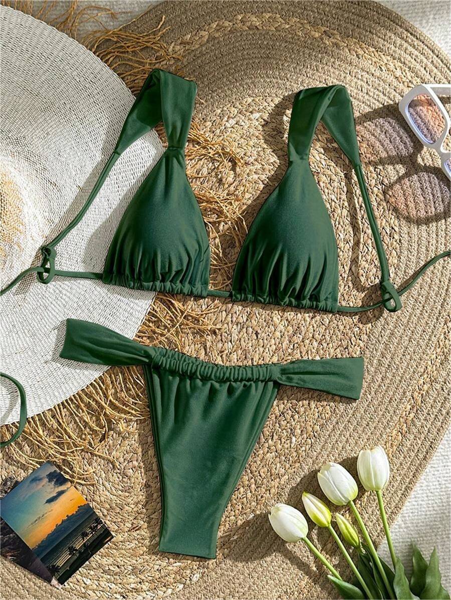 レディース 水着 ビキニセット 女性用 夏のビーチ ソリッドカラー リューシング セクシー ビキニセット グリーンビキニプッシュア拍卖