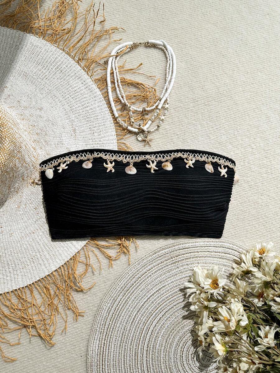 レディース 水着 トップス 1個 テクスチャー入りソリッドカラーのシェル飾りバンドゥービキニトップ 夏用拍卖