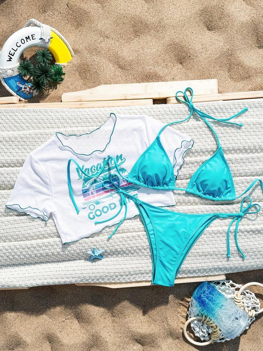 レディース 水着 ビキニセット 2025年 レディース夏 ビーチ 無地 ホルターネック セクシーバイキニ 水着セット ショートスリ拍卖