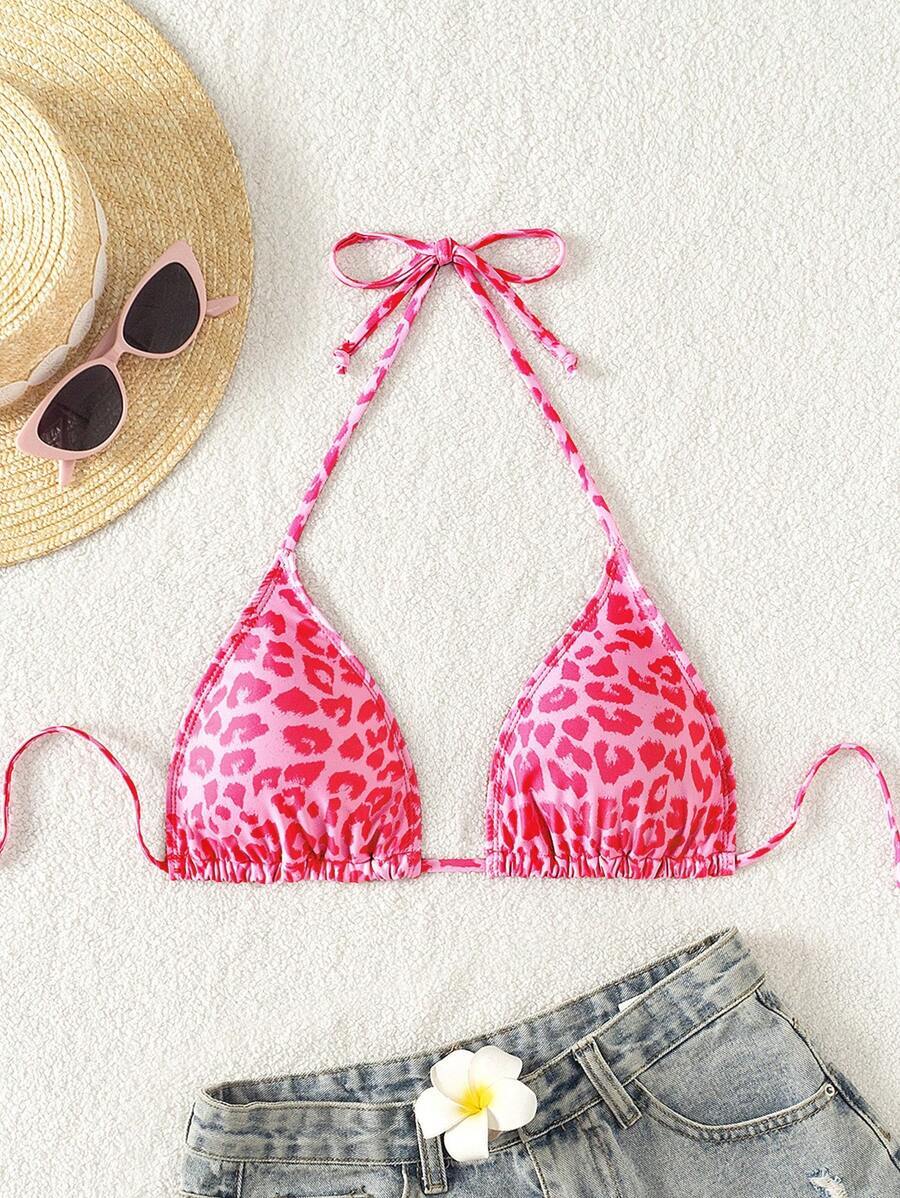 レディース 水着 トップス 2025年 レディース レオパード柄 セクシーホルターネック ビキニトップ、夏のビーチバケーション用拍卖