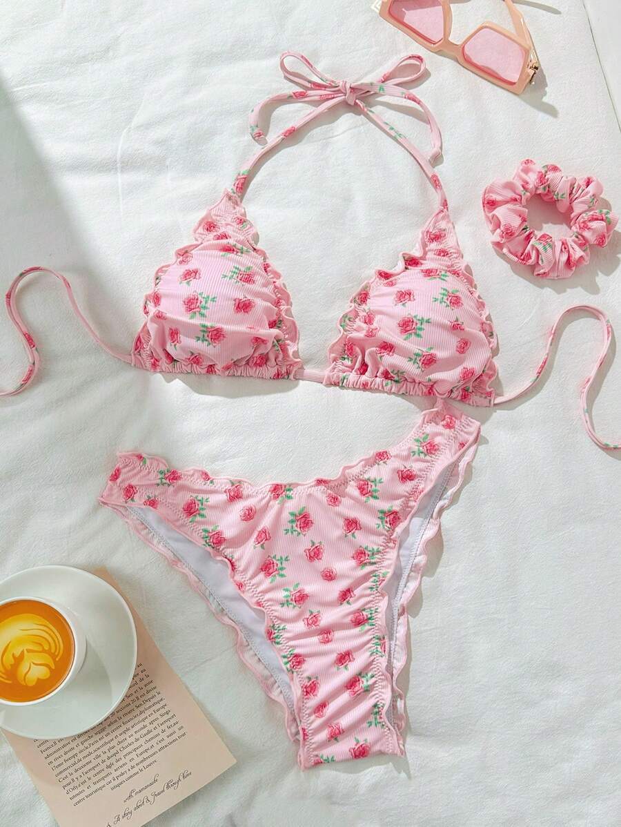 レディース 水着 ビキニセット スプリングブレイク ランダムプリント ホルターネック フリルトリム ビキニトップ&ボトム レディー拍卖