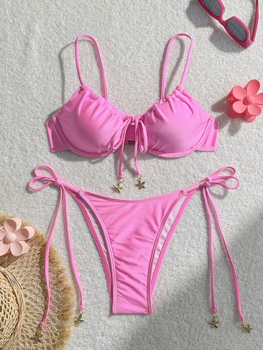 レディース 水着 ビキニセット 2点セット - ピンクのスパゲッティストラップラッシュドバストトップ&サイドタイヒップスタービキニ拍卖