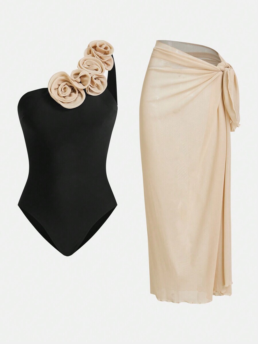 レディース 水着 ワンピース 女性用高級ローズデザイン エレガントワンピース水着カバーアップスカート付きセット、夏のビーチバケーシ拍卖