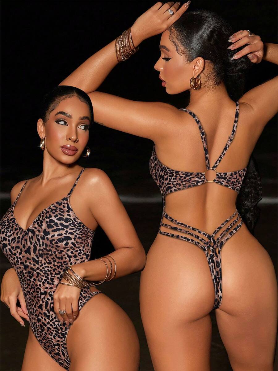 レディース 水着 ワンピース セクシー レオパード柄 クリスクロス ストラップ モノキニ レディース ワンピース水着拍卖