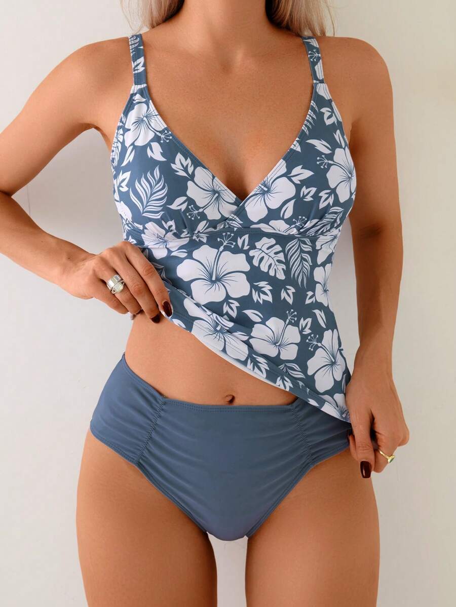 レディース 水着 ビキニセット 夏のウィメンズネック花柄スリミングビーチホリデーキャミソールスパゲッティストラップ付きトップビキニ拍卖