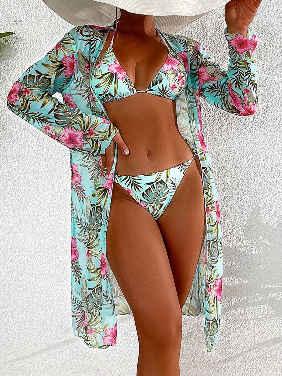 レディース 水着 ビキニセット 女性用3点セットセクシーなトロピカル柄ホルタービキニセット キモノ付き、夏のビーチバケーション用拍卖