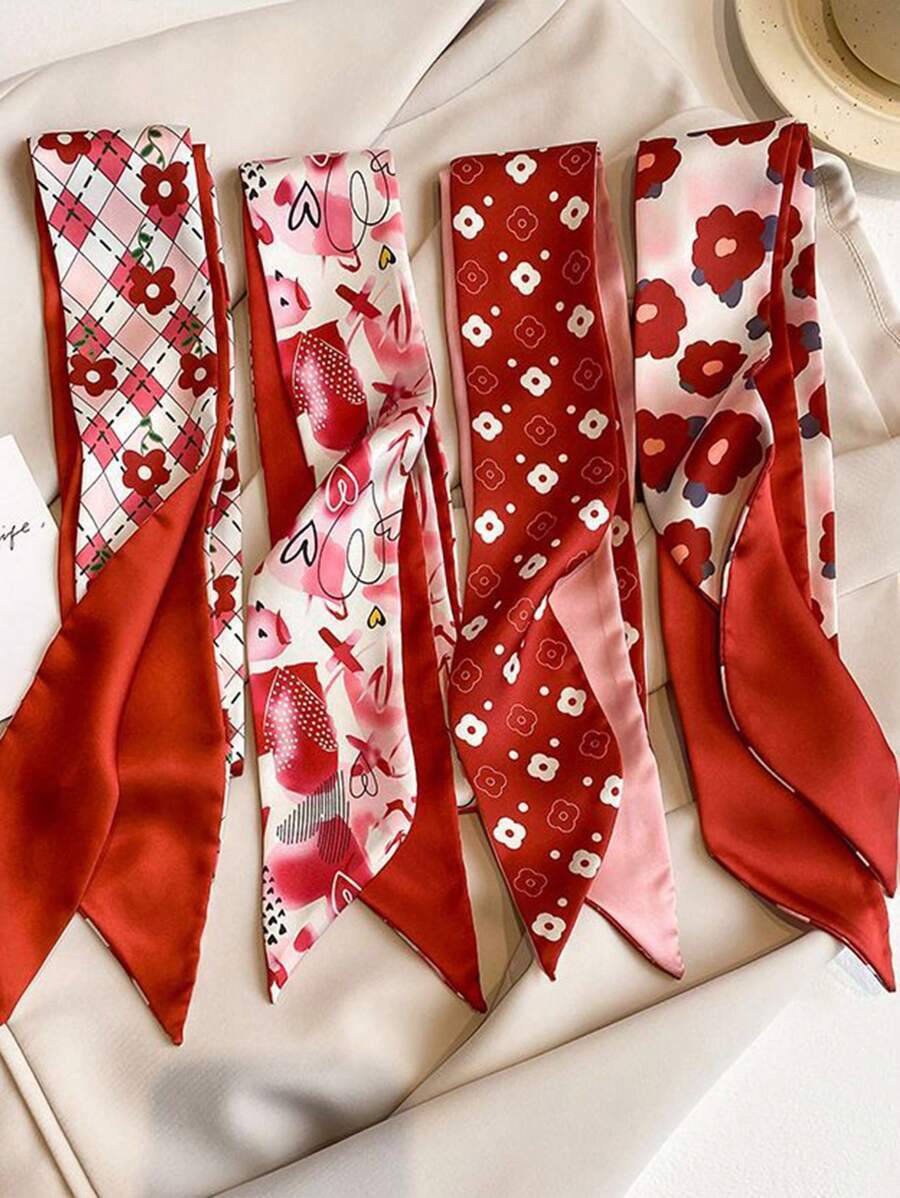 アクセサリー レディース スカーフ 赤い細長いスカーフ4枚セット、ウエストバンドとして使用可能、ネッカチーフ、バレンタインデー向け拍卖