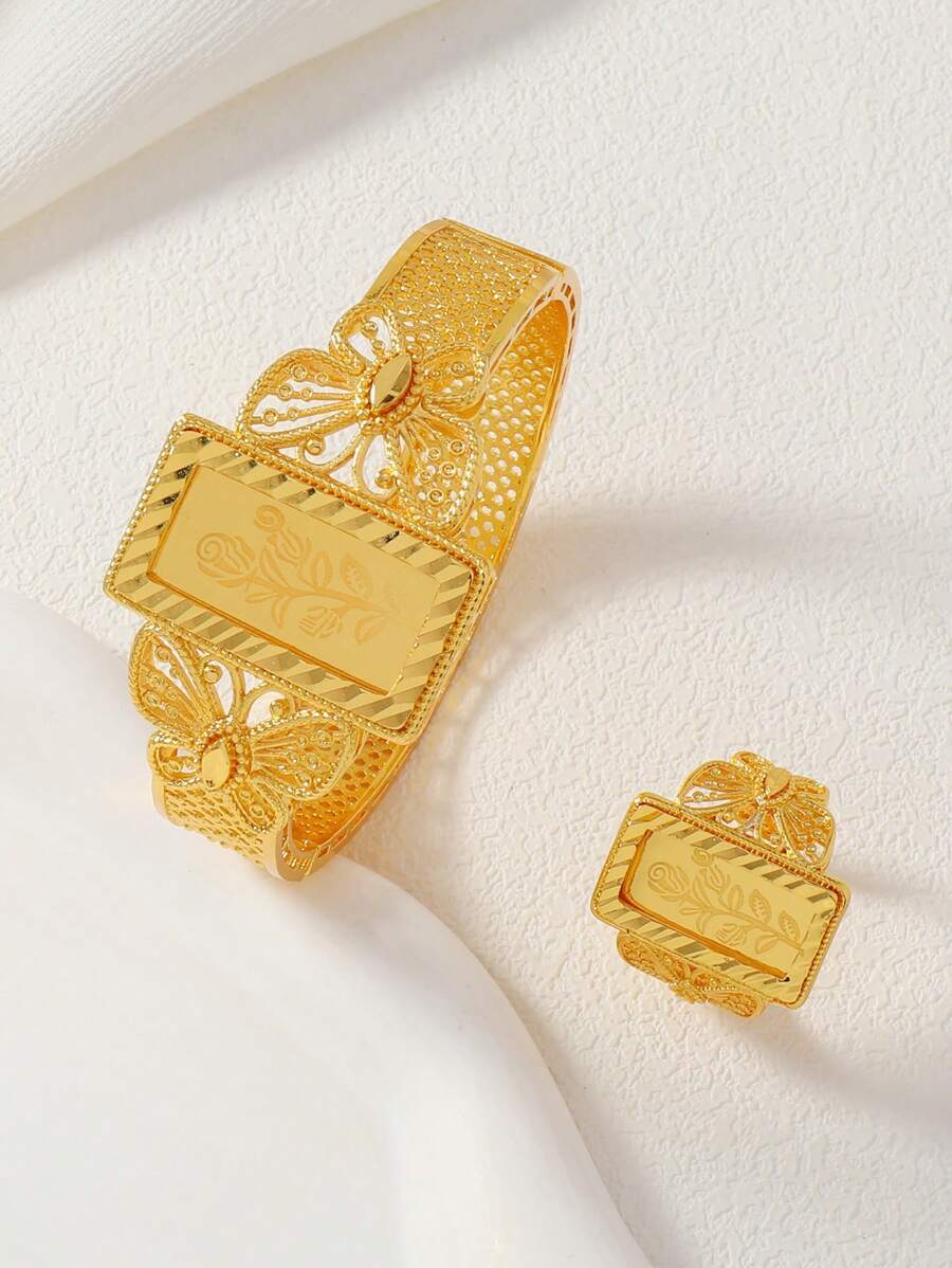 ジュエリー レディース セット 蝶のレクタングルユダンローズカッパージュエリーセット、女性用、24金メッキカッパー、2個セット拍卖