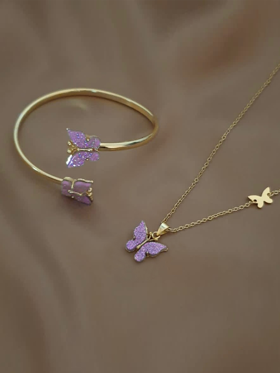 ジュエリー レディース セット 2 個の紫色の蝶のアクリル装飾ネックレス & ブレスレットジュエリーセット拍卖