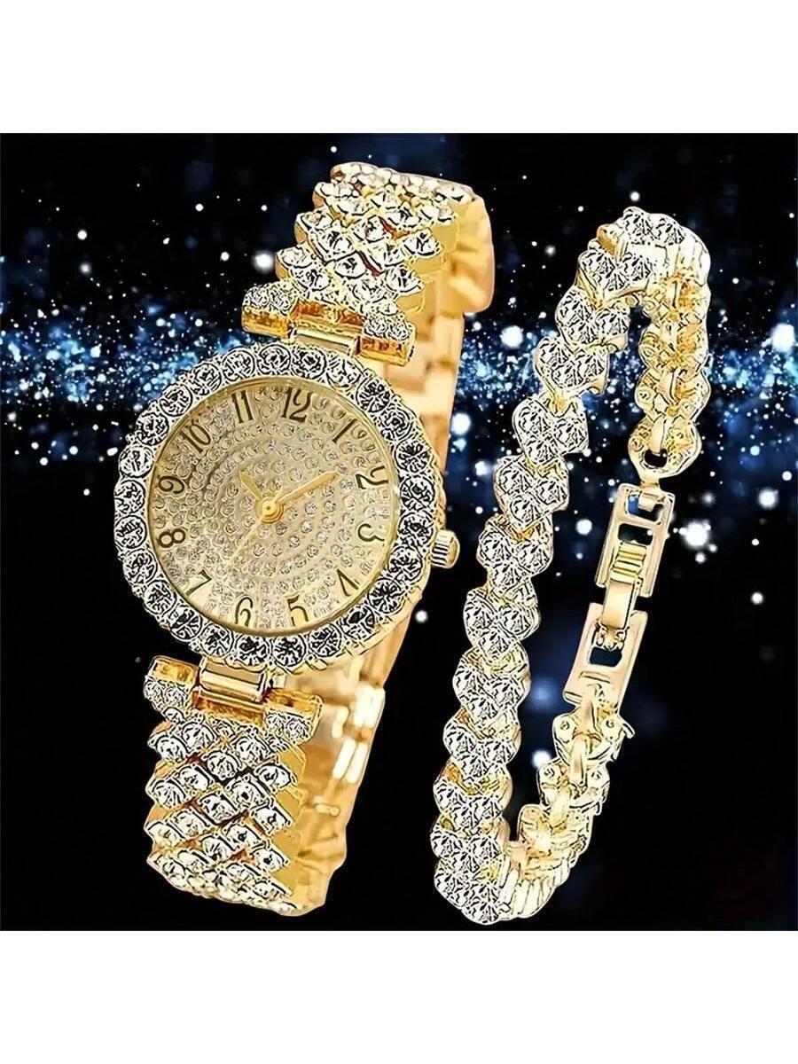 腕時計 レディース セット 2個セット エレガントクォーツ腕時計 ジュエリーアクセサリー付き、ファッショナブルな丸型レディース腕時拍卖