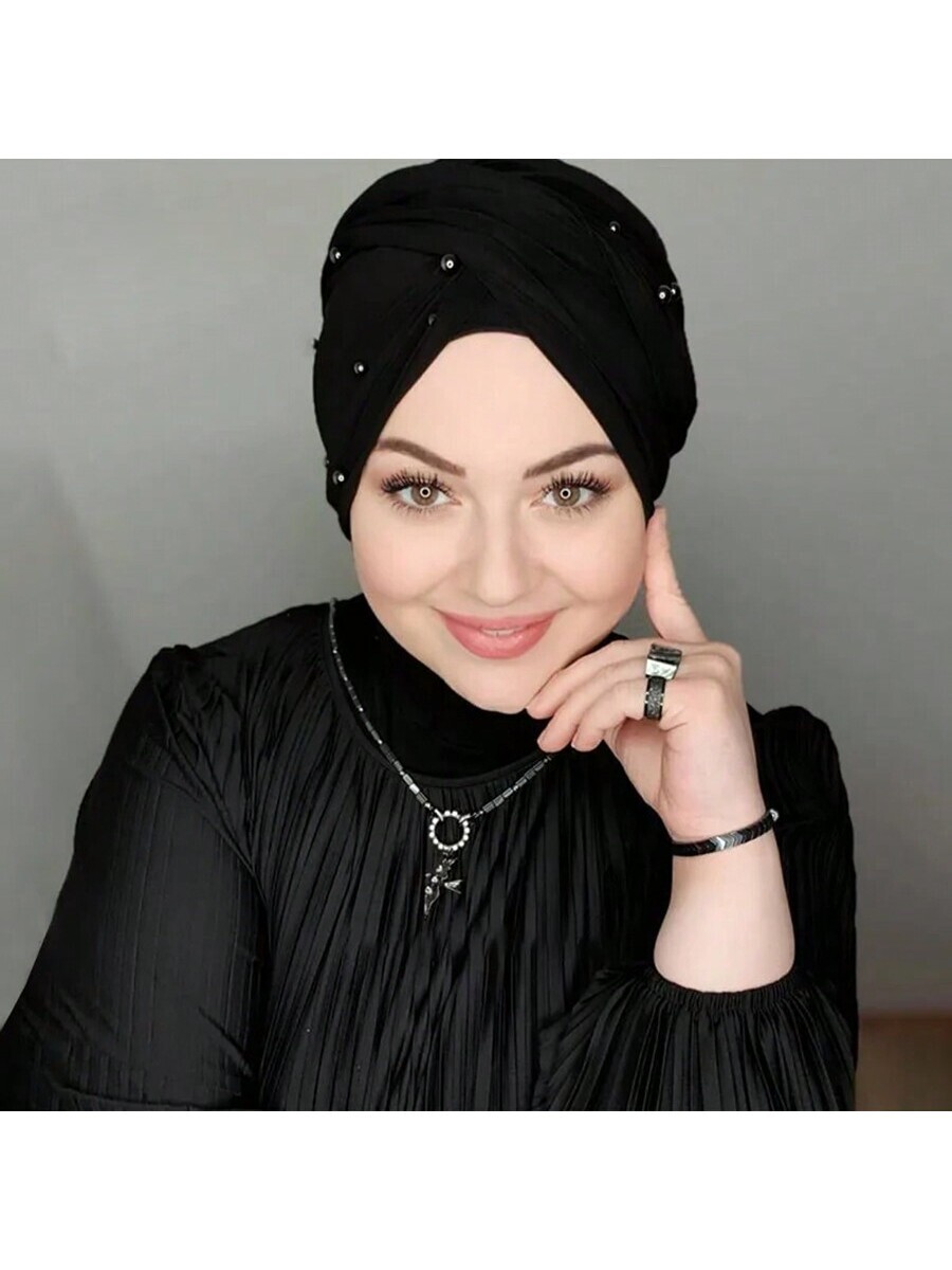 アクセサリー レディース スカーフ 1個 プレーンインスタントターバン帽子 単色インナーヒジャブキャップ レディース パール装飾ヘ拍卖