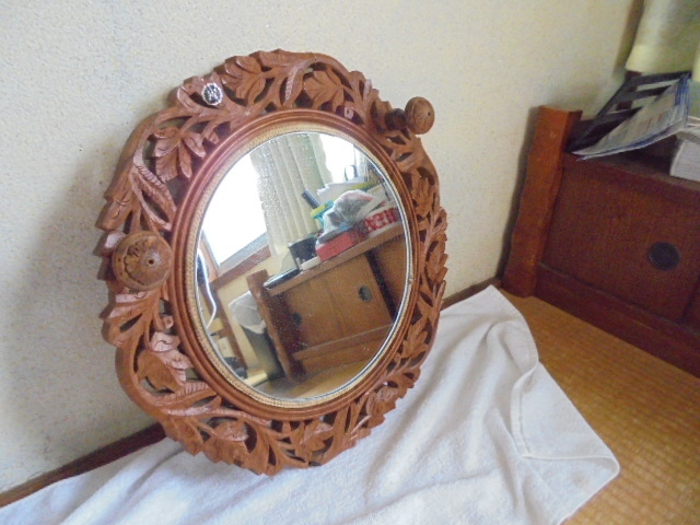 レトロ 壁掛け鏡-ウオールミラー/木製枠-シーシャムウッド/インド産・手彫り/拍卖